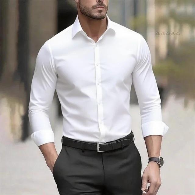 Cămașă pentru bărbați, stil business casual, cu mânecă lungă, culoare solidă, guler revere, rezistentă la șifonare, mărime mare
