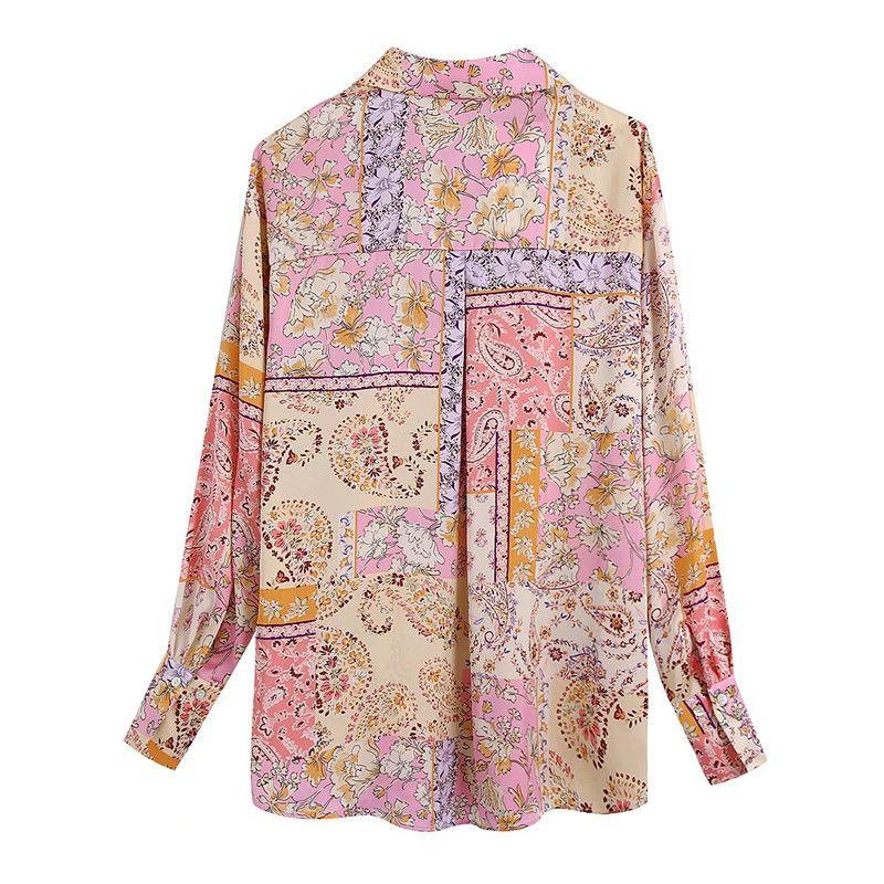 Ur Spring New Women's Silk Satin Texture Printed Shirt