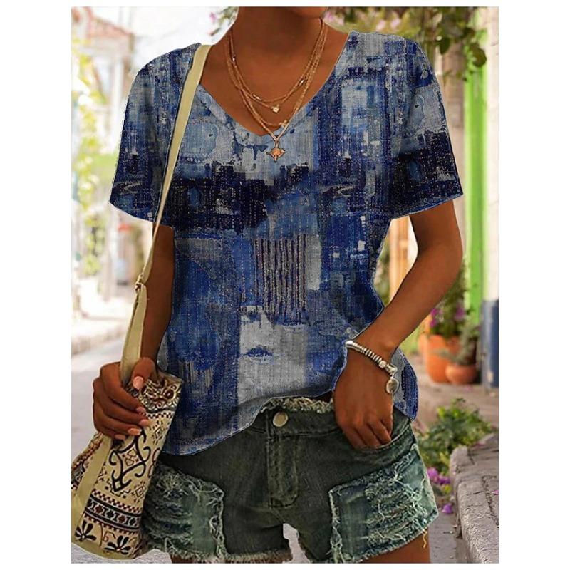 Loose Women's V-Neck Short Sleeve Graffiti Printed Casual Top T-Shirts Women’s