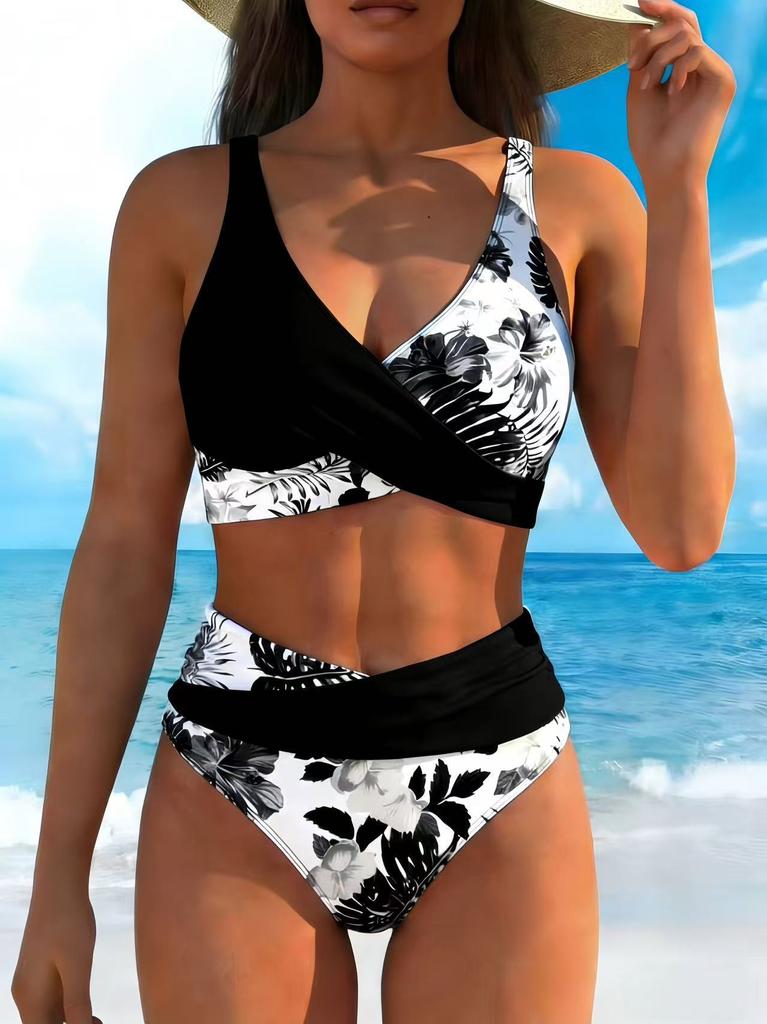 New Tropical Flower Plant Print Sexy Bikini Suit Vacation Casual Swimsuit Women