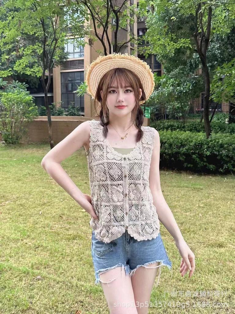 Summer Spice Girl Design Sense Crochet Hollow Suspender Women's Knitted Vest Vest Outside Sleeveless Blouse Top