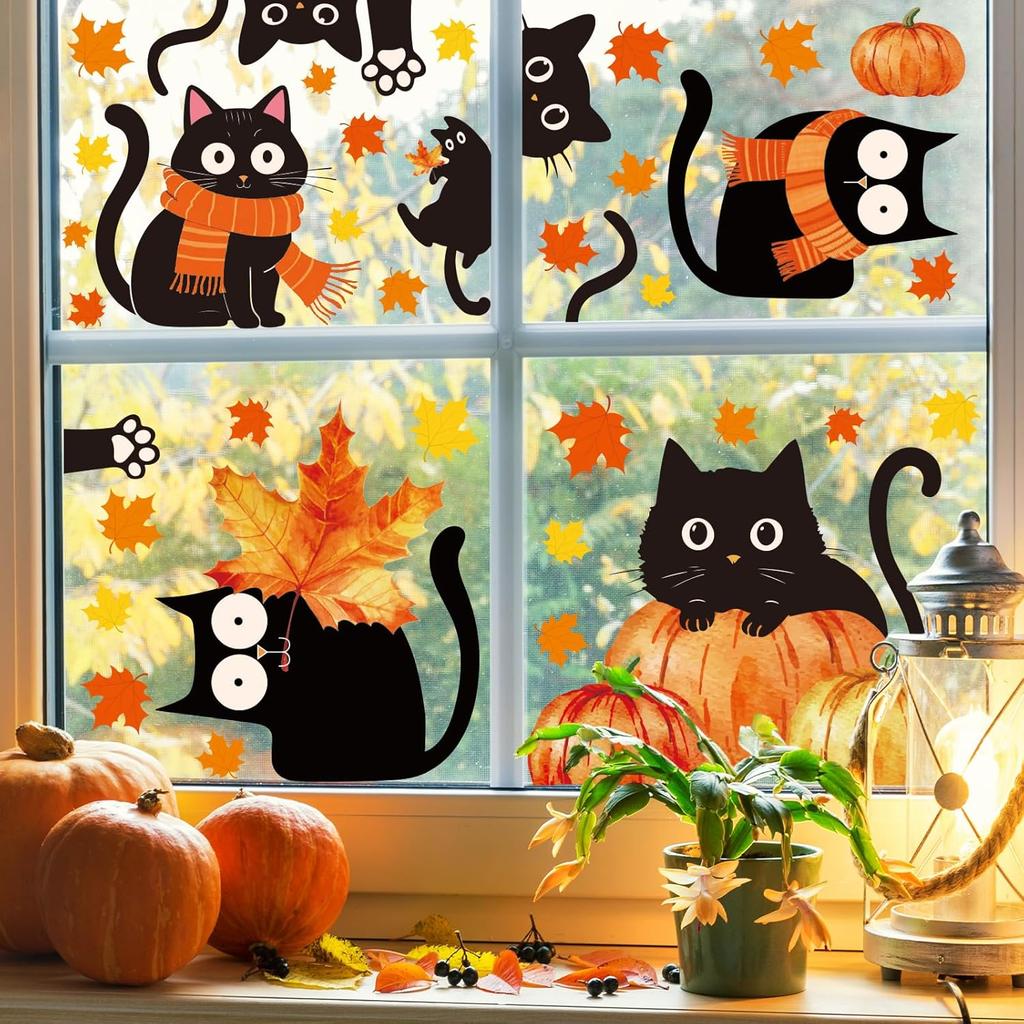 Whaline 6 Sheets Valentine' s Day Window Clings Window Decal Black Cat Red Love Heart Reble Anti-Collision Windows Decor for Wedding Anniversary Home