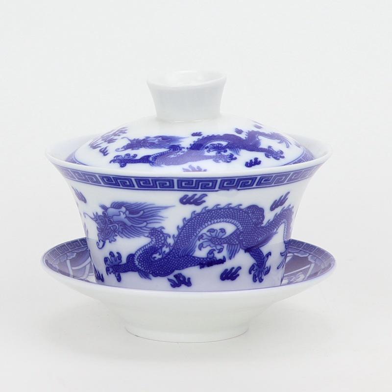 Large Handmade Blue and White Porcelain Gaiwan Teacup Set for Kung Fu Tea Brewing 250ml