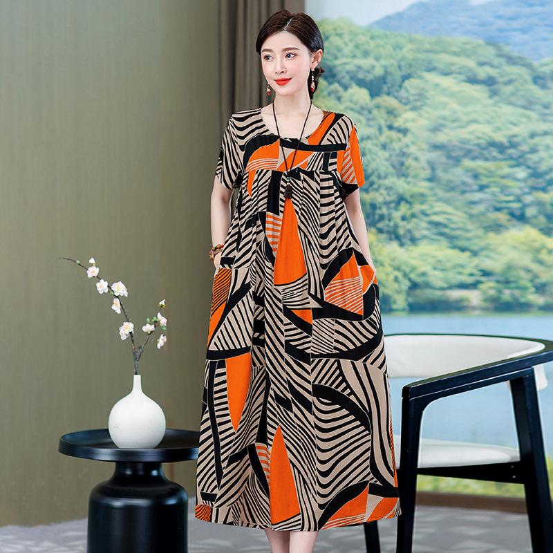 Plus Size Korean Style Summer Floral Cotton Silk Dress - Slimming Design for 240 Jin