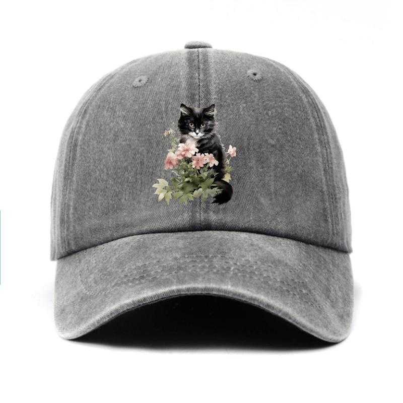 Kitten with Pink Flowers Print Baseball Cap Casual Adjustable Cotton Outdoor Hat Unisex Cap