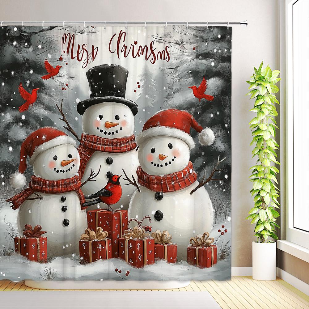 Christmas Cute Snowman Shower Curtain Birds Winter Snowflake Forest Snow Scenery Cedar Reindeer Xmas Bathroom Decor With Hooks