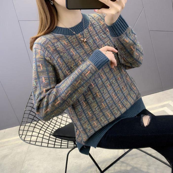 Autumn Winter New  Women Elegant Round Neck Women's Knitting Pullover Stripe Sweater Temperament Korean Version Femme Bottoming Tops