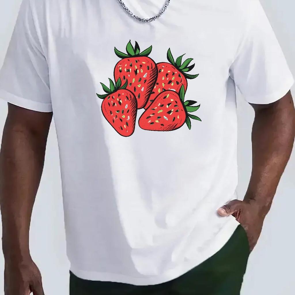 Strawberries Print Graphic Tee Men Casual Short Sleeve Crewneck Cotton Summer TShirt