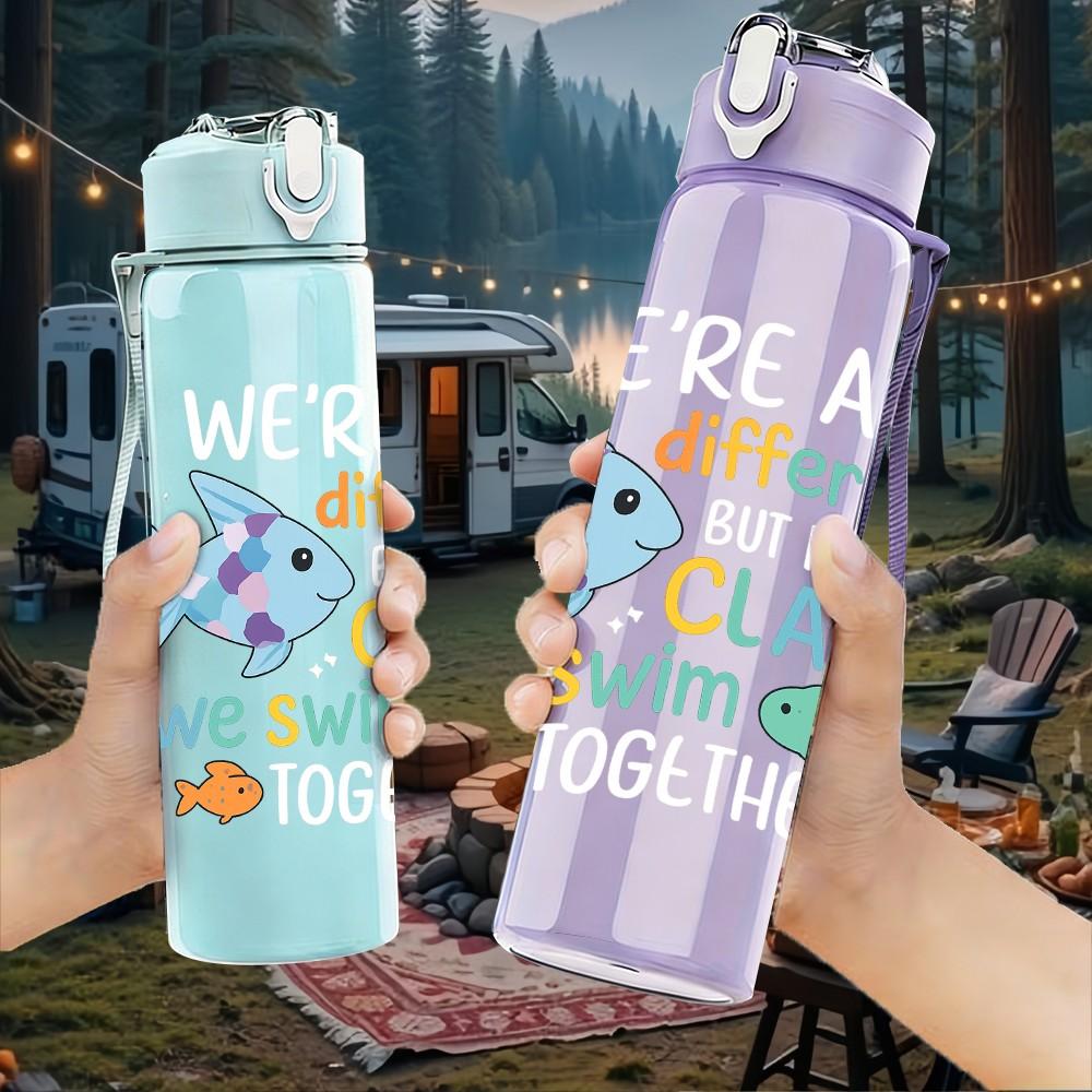 1PC Different Class Fish Cartoon 750ml Color Plastic Sports Water Bottle Leakproof Flip Straw Lid Suitable for Sports Office Home Use