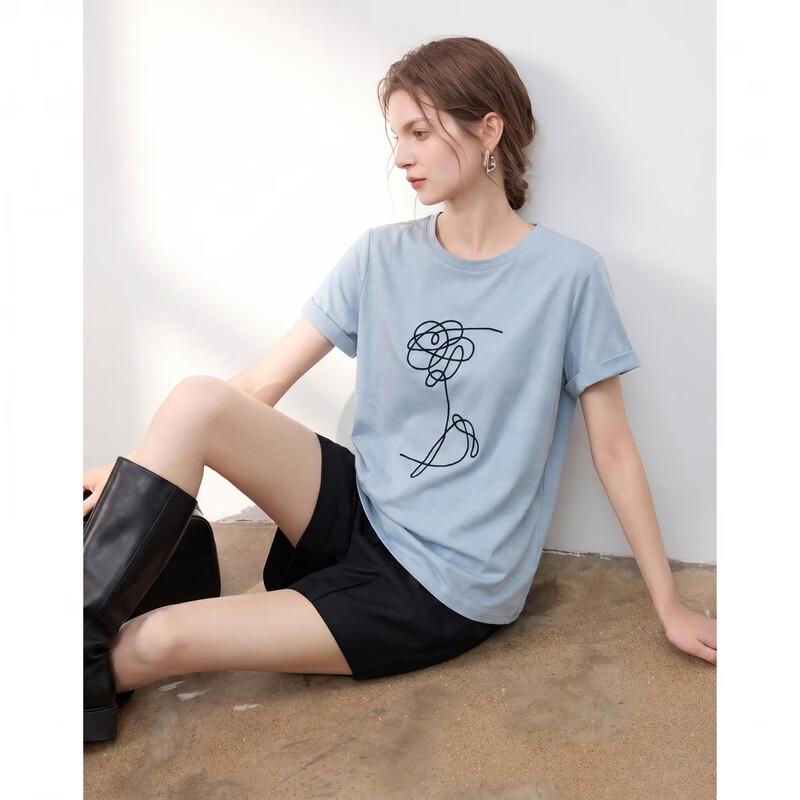 Demana Women's Round Neck Embroidered Cropped T-Shirt