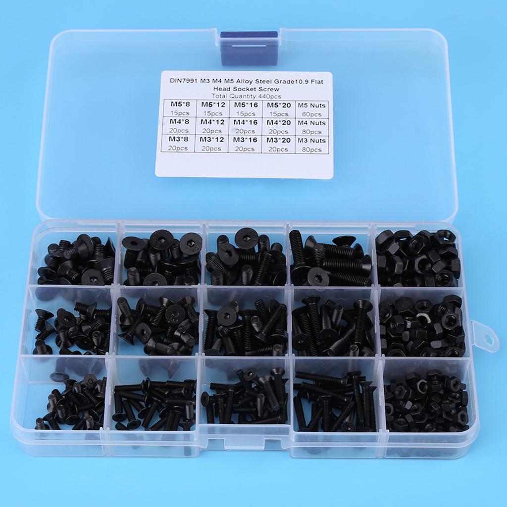 440pcs Alloy Steel M3 M4 M5 Hex Socket Flat Head Screw Nut with Plastic Case