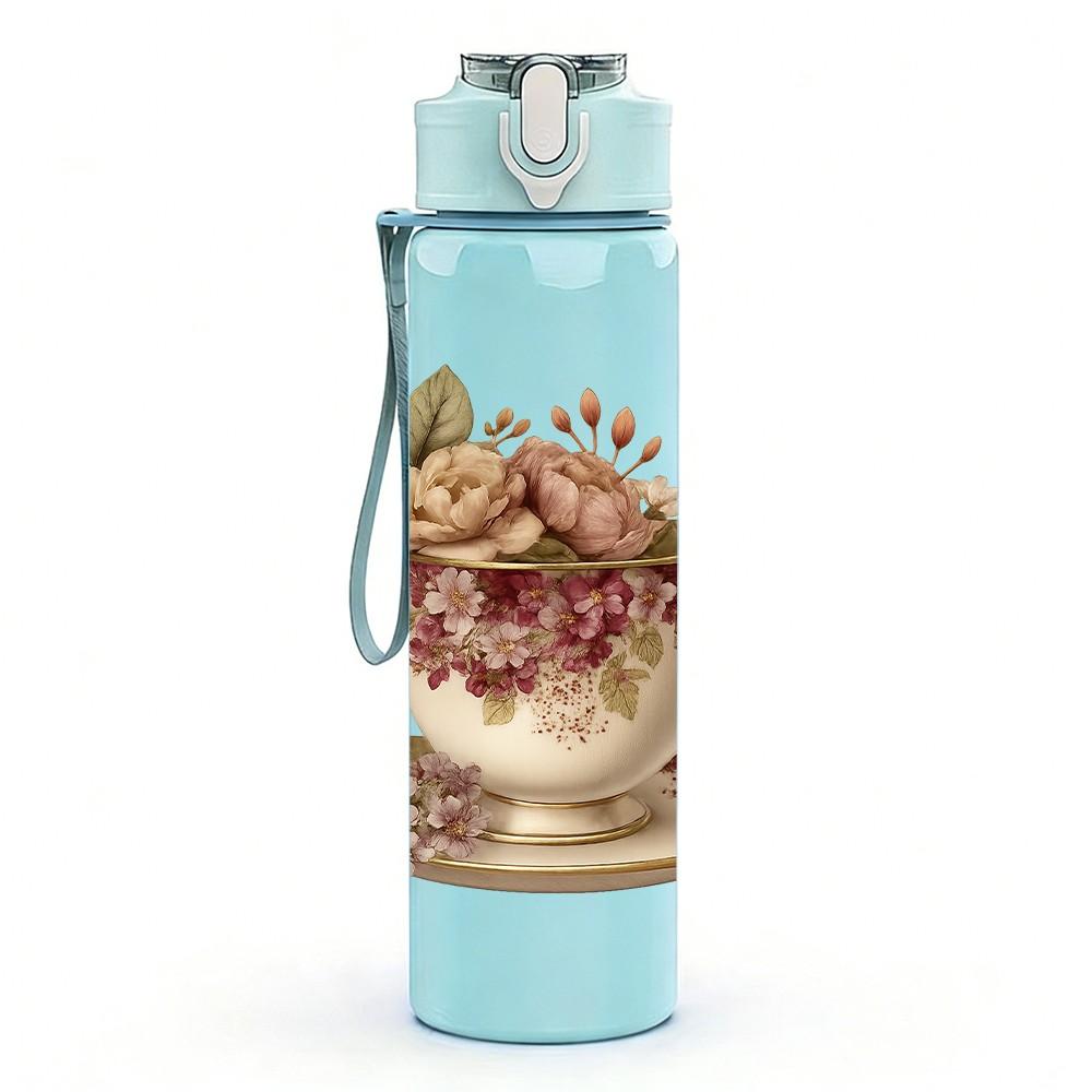 1PC Vintage Teacup Rose Flower Print 750ml Color Plastic Sports Water Bottle Leakproof Flip Straw Lid Suitable for Sports Office Home Use