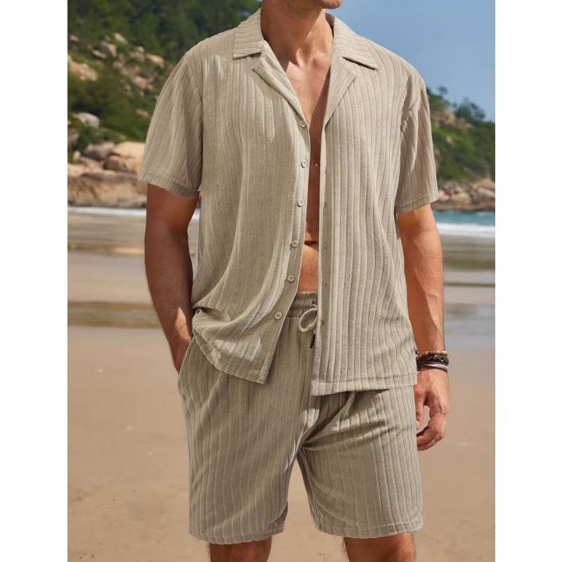 Herren Casual Unifarbenes Kurzarmhemd und Shorts Zweiteiliges Set