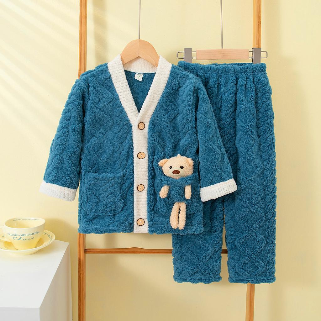 Dětské podzimní zimní měkké flanelové teplé pyžamové soupravy Dětský kabátek s kresleným medvídkem a kalhotami Pyžama pro chlapce a dívky Ležérní oblečení na spaní