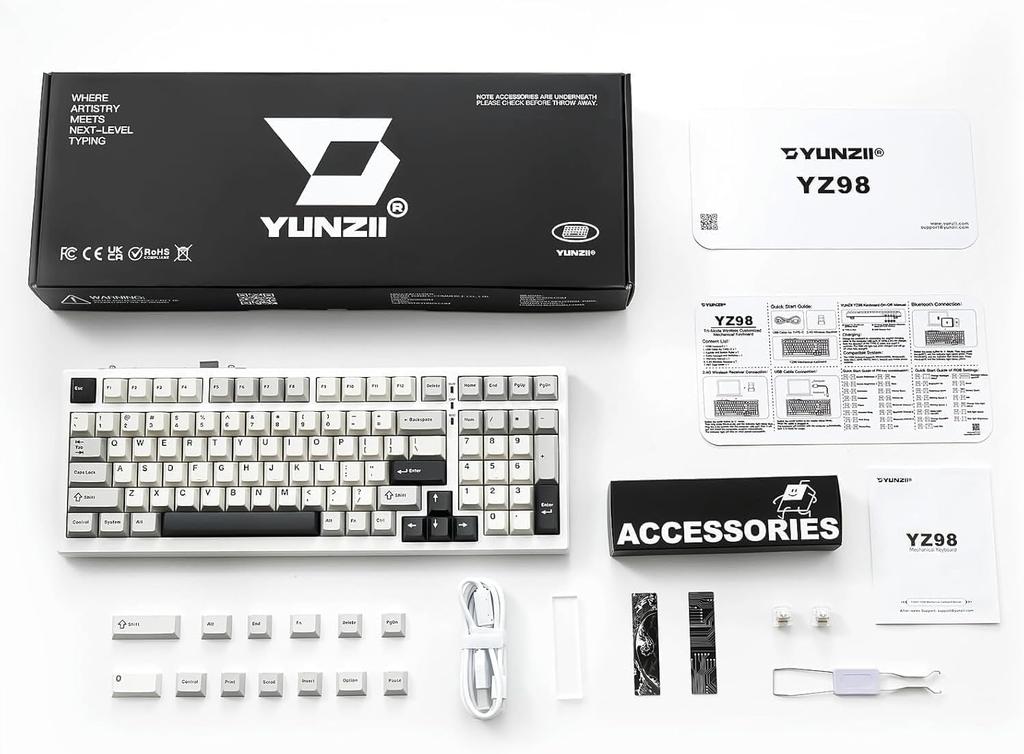 YUNZII YZ98 Mechanical Keyboard with Wireless Gaming NKRO 1800 for Technical Standards Certification 99-Key Gasket, Hot-Swappable, BT5.0/2.4G/USB-C