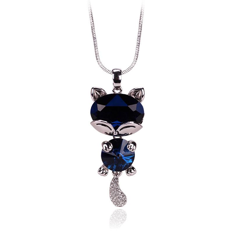 Unique Cat Character Crystal Sweater Necklace Long Chain Fashionable Alloy Jewelry Women For