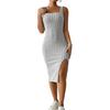 Summer Women Sleeveless Square Neck Sheath Dress Solid Color Elastic Side Split Skinny OL Commute Breathable