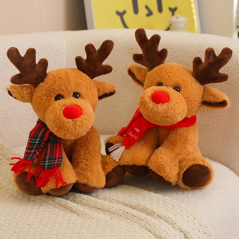 Lovely Happy Christmas Elk Plush Toys Cuddy Fluffy Sitting Elk Doll Wearing Scarf  Home Party Decor Sweet Gift To Kids Friends