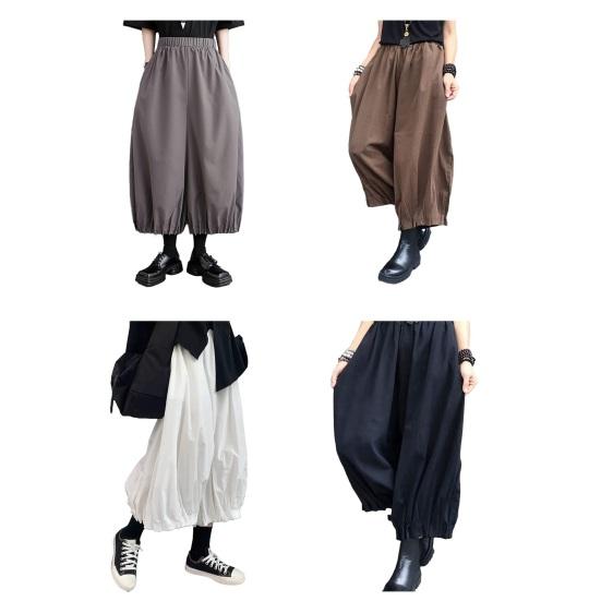 Women Bloomer Elastic High Waist Wide Leg Trousers with Pockets Solid Color Loose Fit Casual Pants Work Travel Daily Wear