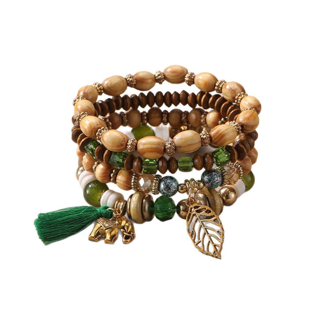 4pcs/set Boho Wooden Beaded Bracelet For Women Leaf Tassels Chain Bangle Bohemia Jewelry Accessory