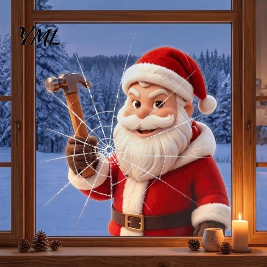 Santa Claus Window Decorations Christmas Static Glass Sticker, Removable Reusable PVC Winter Ornaments Clings for Living Room Bedroom Holiday