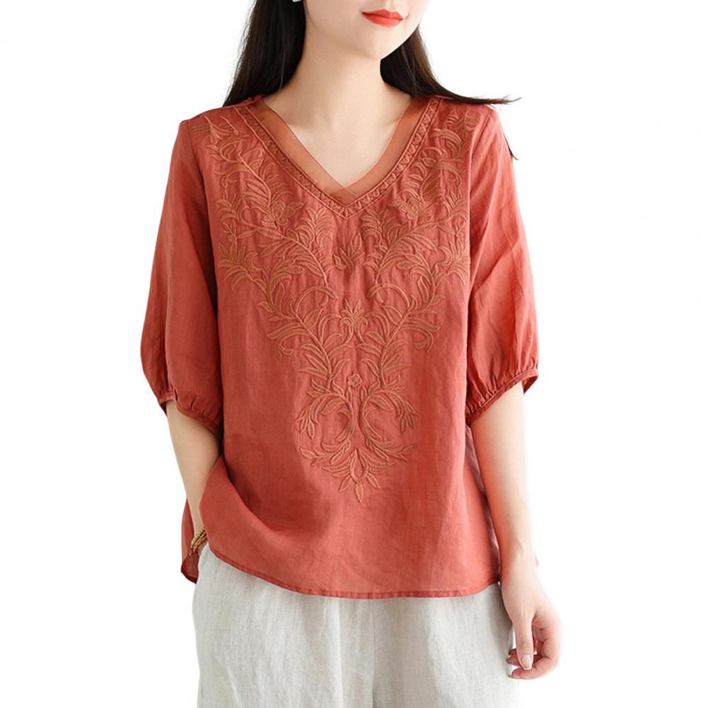Women Loose Style Top Stylish Women's Embroidered V-neck Tops for Spring Autumn Loose Fit Commuting Style Blouses with Half