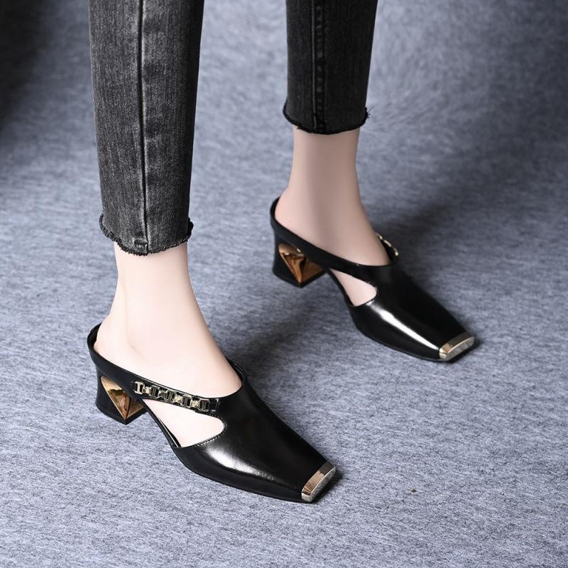 

Metal iron head summer new square head half slippers women s outer wear medium heel soft leather casual lazy one pedal bag head drag 34 чёрный