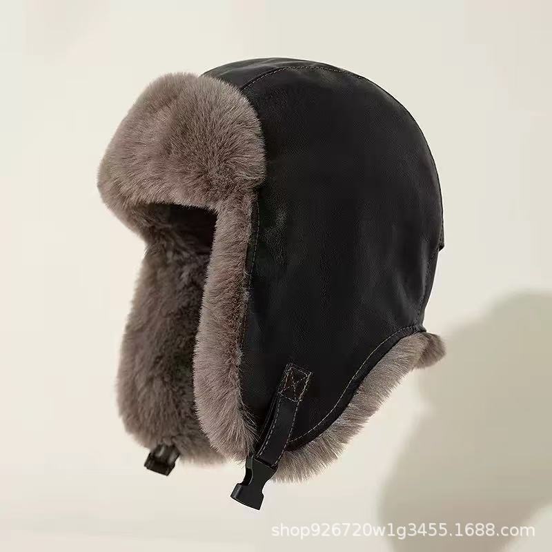 Кожаная Шляпа Шапка Лэй Фэн Мужская Зимняя Утепленная Пилотская Термошляпа Женская Северо-восточный Ветер и Холод Велосипедная Защита Ушей Мотоциклетная Шляпа M(56-59cm)