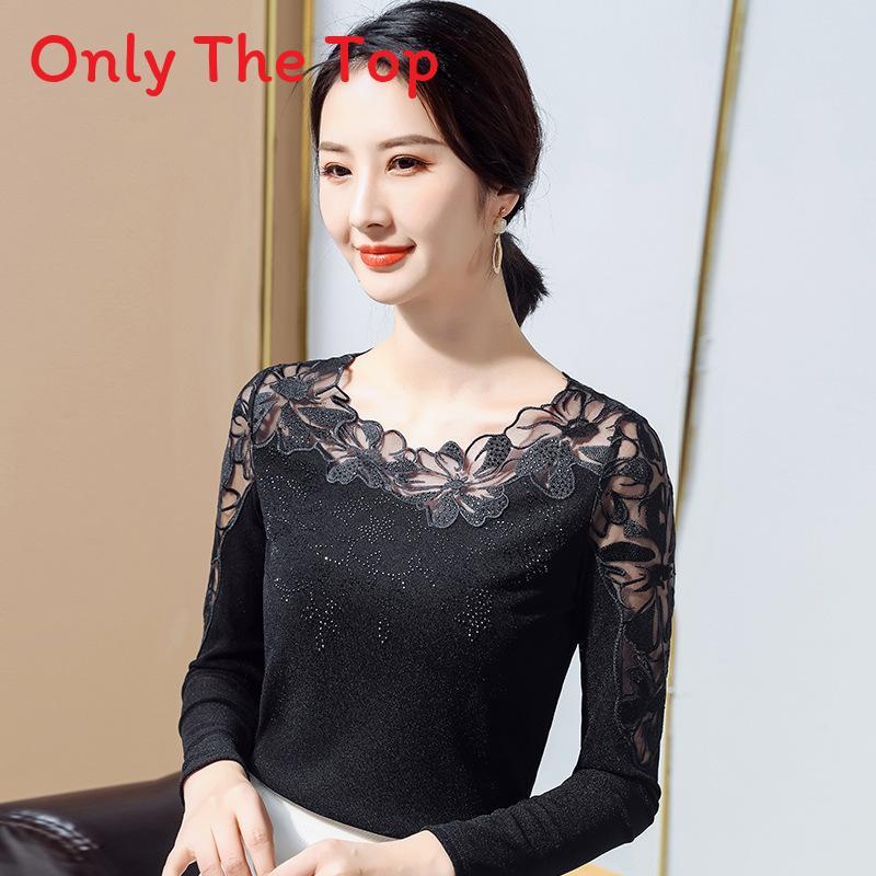 Lace Long Sleeve T Shirt With Mesh Fabric For Womens Elegant Office Wear