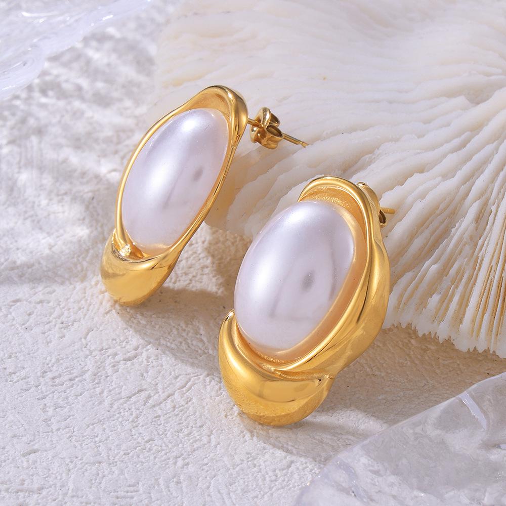 

Vintage Oval Mother-of-Pearl Stud Earrings, Court Style, Gold-Plated Titanium Steel