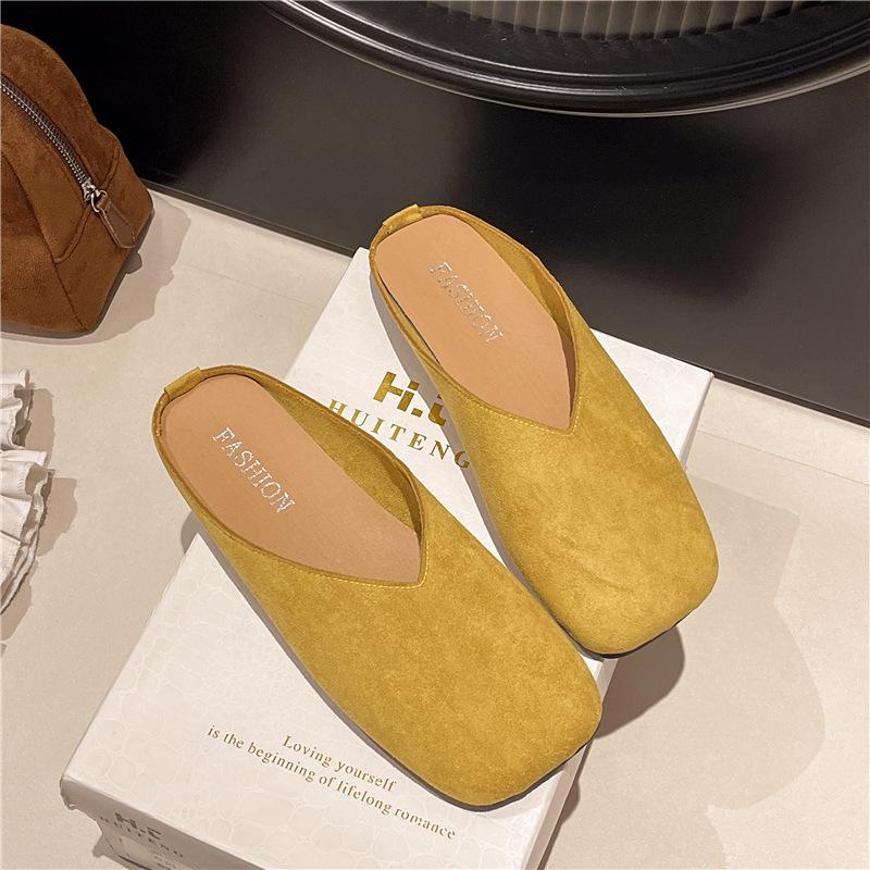 Baotou Half Slippers for Women To Wear Autumn and Winter New Niche Square Head Velvet Casual Versatile Soft-soled Muller Shoes