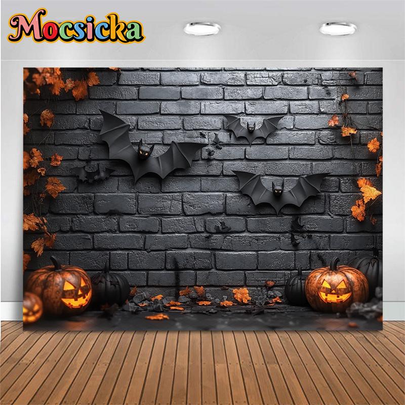 Mocsicka Halloween Photography Background Grey Brick Wall Bats Decorations Autumn Pumpkin Party Photo Backdrops Studio Wallpaper