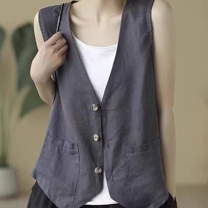 Damen Leinenweste Sommer Lässig Ärmellos Cardigan Jacke Locker Dünn Lässig Knopfweste Damen Streetwear Weste Mantel