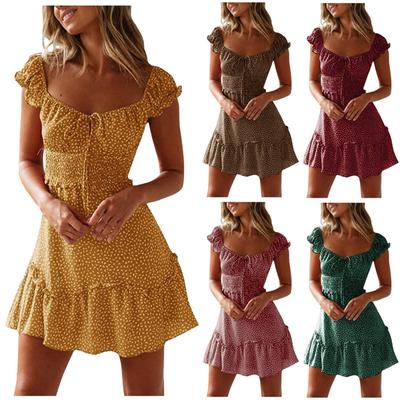 Women's Fashion Ruffle Floral Dress Short Sleeve Printed U-Neck Tie High Waist Dress