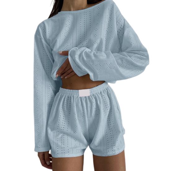 2 st/set Dam Top Shorts Outfit Hollow Out Elastisk midja Lös Långärmad O-hals Tunn Enfärgad Andas Mjuk Homewear T-shirt Shorts Set