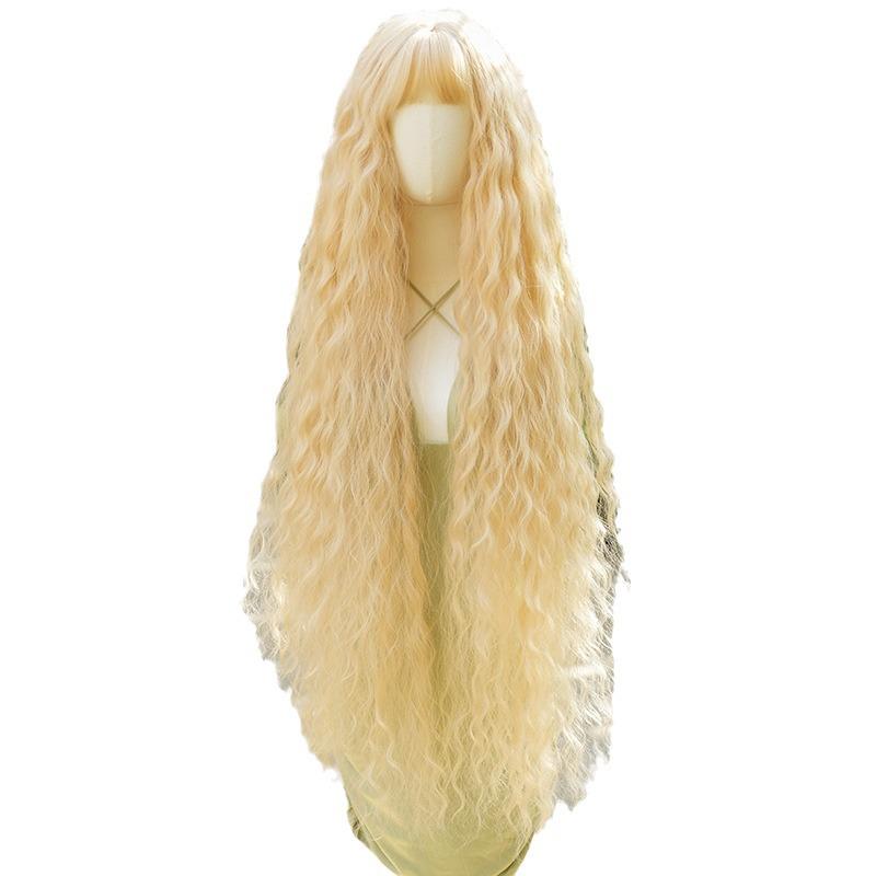 Golden Curly Long Bangs Lolita Wig - Soft Synthetic Fiber for Role Play