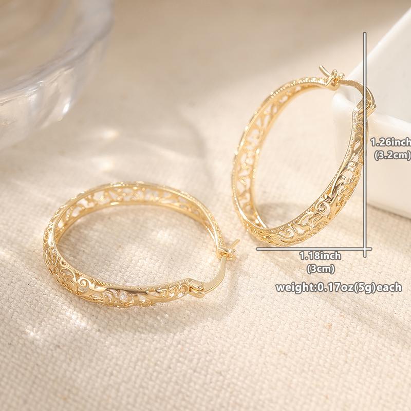Vintage Golden Plated Hand- Carved Hollow Hoop Earrings for Women Fashion Classic Daily Banquet Jewelry Accessories Crafts Gifts