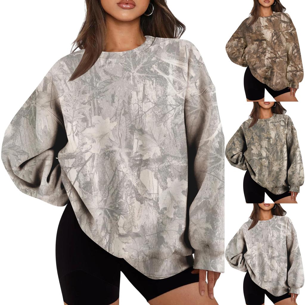 Women's Loose Fit Crew Neck Sweatshirt Long Sleeve Pullover Casual Sportswear Branch Pattern Printed Top