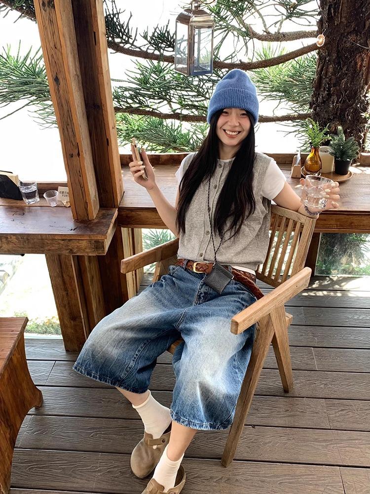 Women s High Waist Cropped Jeans Loose Wide Leg Trousers Vintage Washed Denim Capri Pants Casual Commuter Pants S