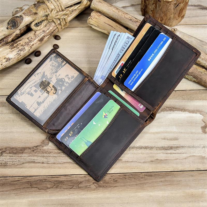 Men'S Leather Short Wallet Crazy Horse Leather Multi-Card 20% Fold Wallet First Layer Cowhide Wallet