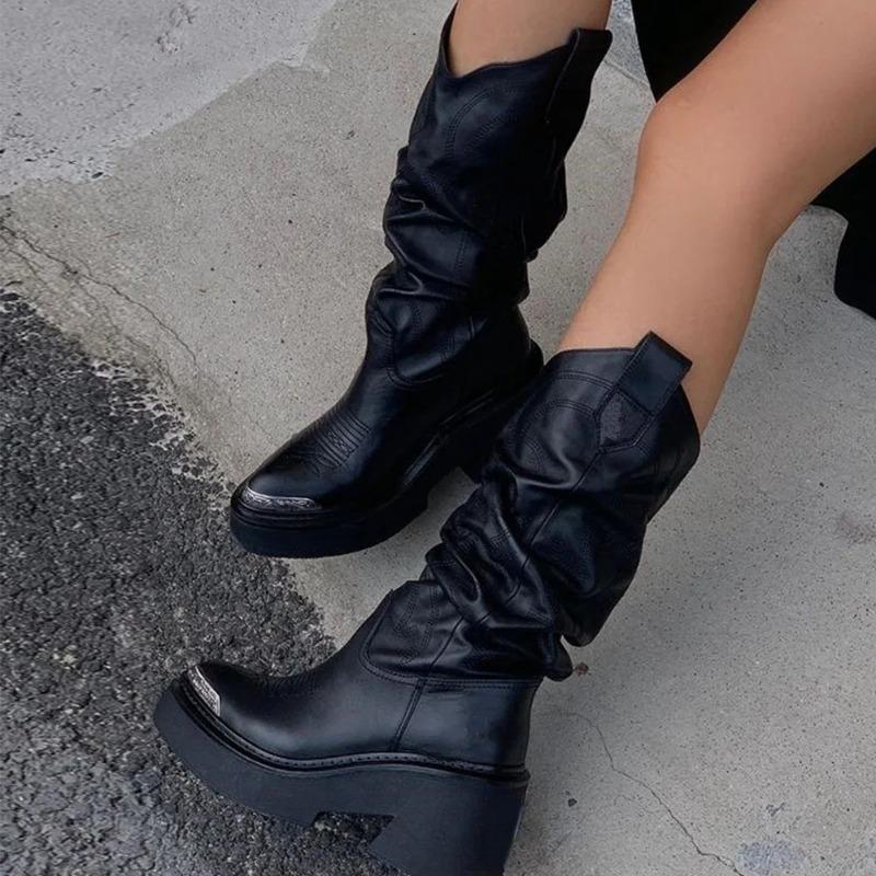 Luxury Brand Motorcycle Women'S Calf Boots Platform Chunky High Heels Goth Metal Punk Shoes For Women Winter Comfy Design Boots