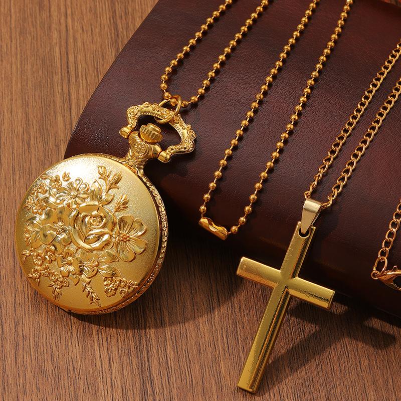 2pcs/set,1PC Fashion Men s ‘rose Pattern Design’quartz Pocket Watch & 1PC Mens Classic Golden Cross Necklace Pendant, Ideal Choice for Gifts