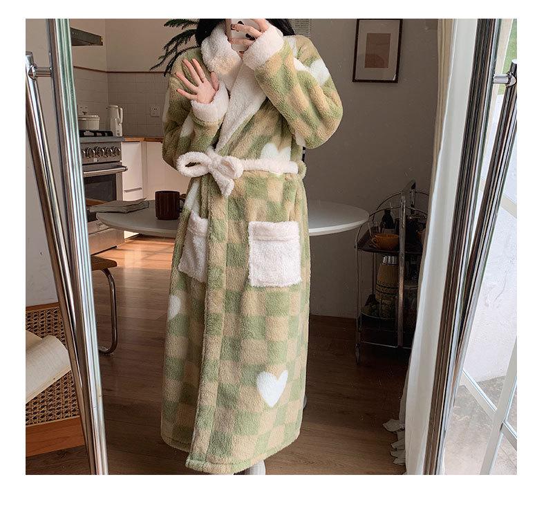Autumn/Winter Women's Coral Fleece Bathrobe: V-neck, Belted, Long Sleeves, Mid-length, Sweet Style, Warm Homewear.