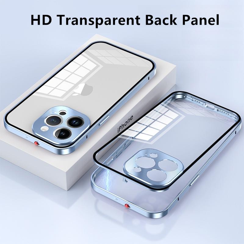 Metal Alloy Metal Frame Phone Case For iPhone 17 Air 16 15 14 13 12 Pro Max Plus Clear Tempered Glass Backboard Bumper Cover