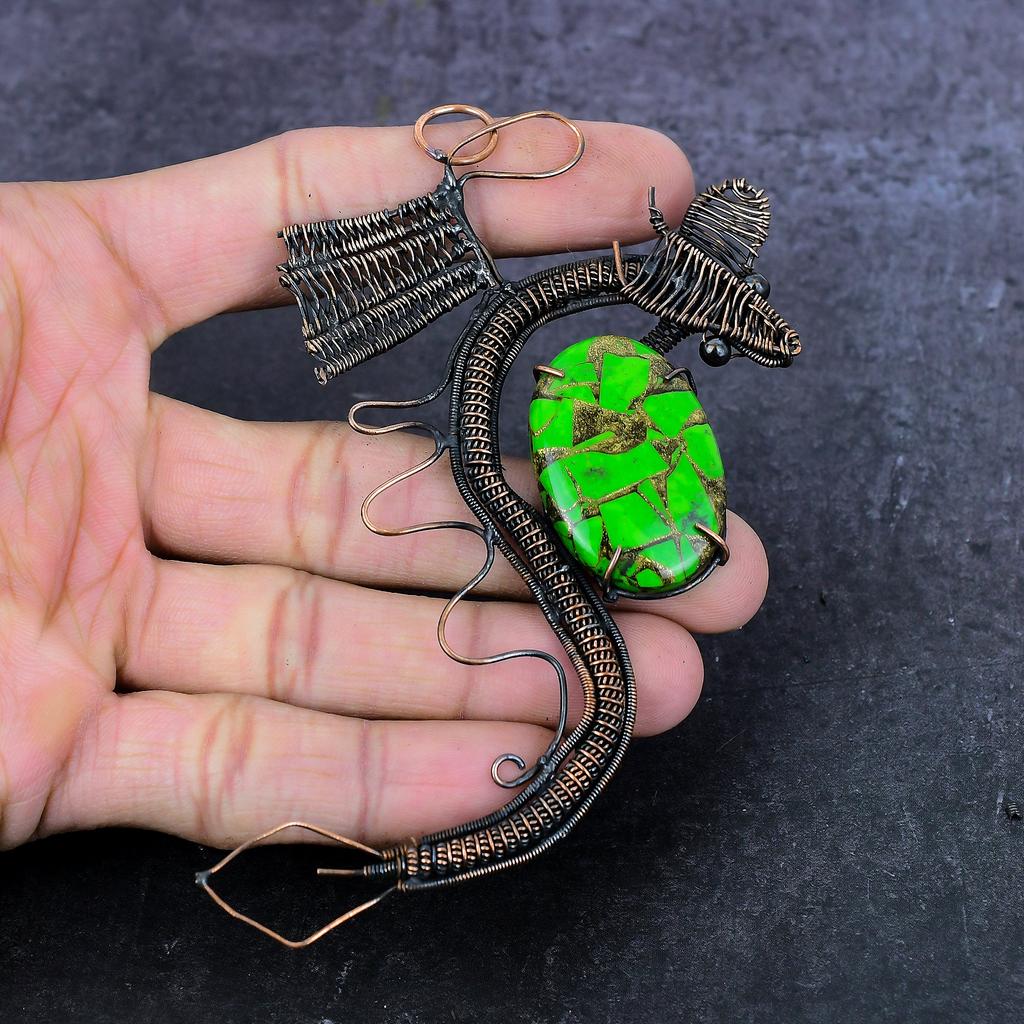 Natural Green Turquoise Handmade Copper Wire Wrap Dragon Gift Pendant 4.53" d2u55