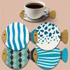 4pcs Whimsical Fish-Shaped Wooden Coasters - Vibrant Blue & White Patterns, Heat-Resistant, Perfect for Coffee & Tea Lovers
