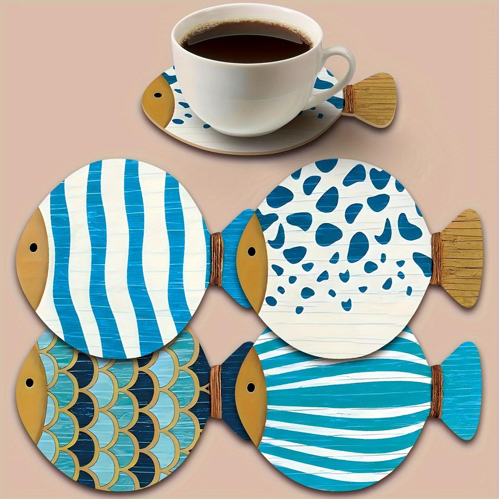 4pcs Whimsical Fish-Shaped Wooden Coasters - Vibrant Blue & White Patterns, Heat-Resistant, Perfect for Coffee & Tea Lovers