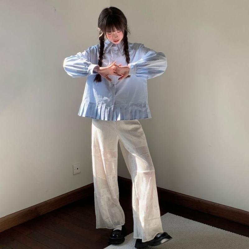 Pantaloni largi de vară Pantaloni albi vintage pentru femei cu talie înaltă, dulci, cu broderie, pantaloni cu flori din dantelă, coreeană, pantaloni casual estetici Y2k