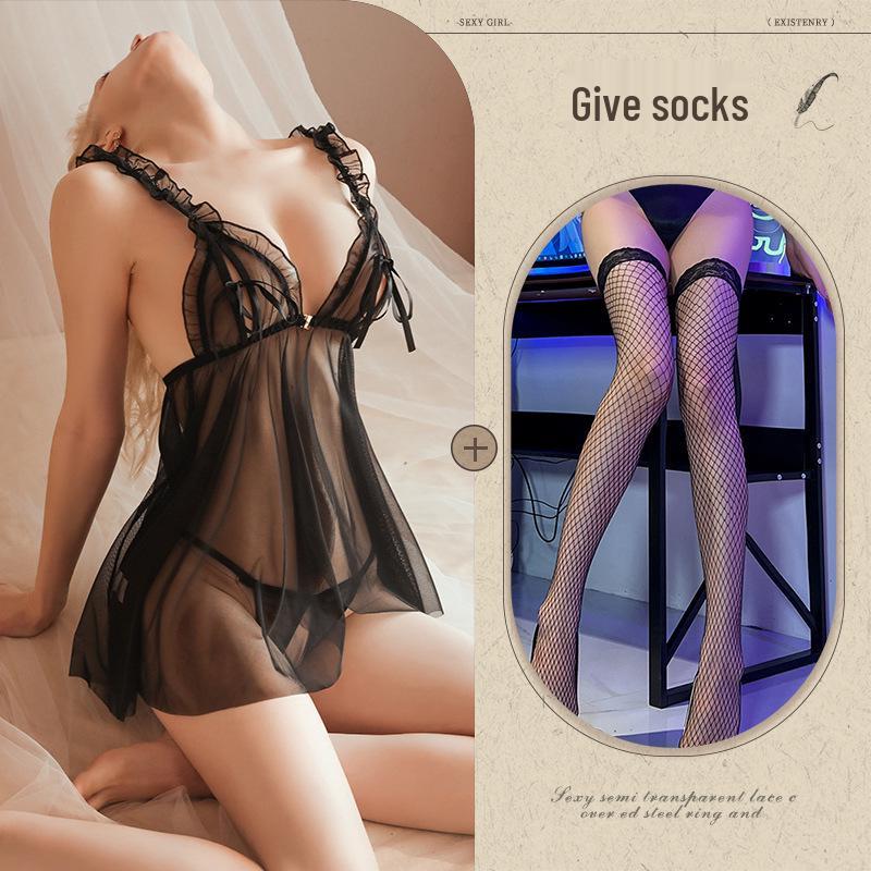 Women's Temptation OTK Nightgown: Teasing, See-Through, Chest-Split, Hollow Straps Lingerie
