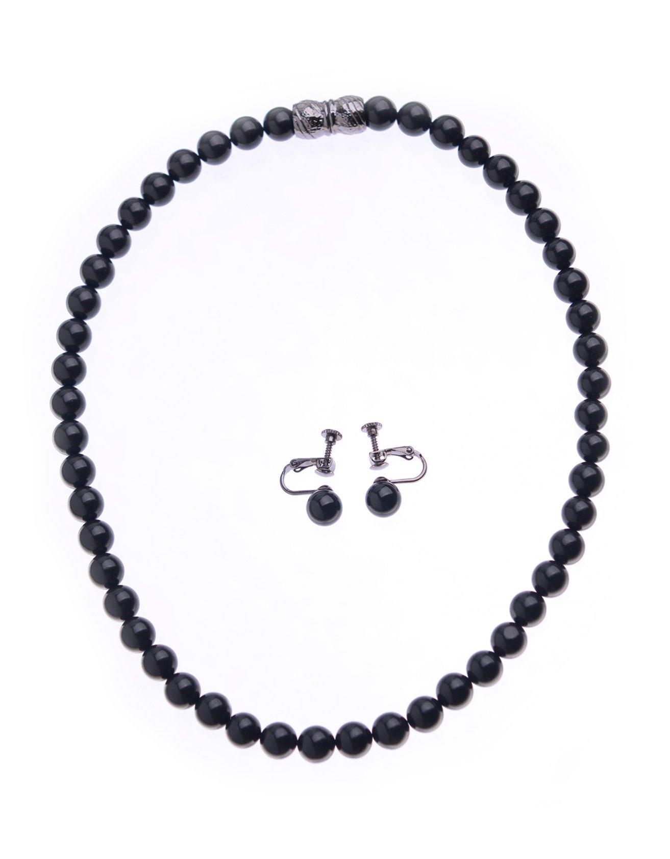

[Aurora] 8mm Natural Jet Necklace & Earrings or Piercings Set, Made in Japan, Black Formal Wear (Piercings Set, Jet Black)